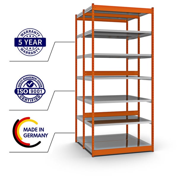PROREGAL Fachbodenregal Stecksystem Vierkant-Profil Grundregal HxBxT 300 x 132,5 x 60 cm 2x7 Ebenen Doppelseitige Bauart Fachlast 200 kg Orange