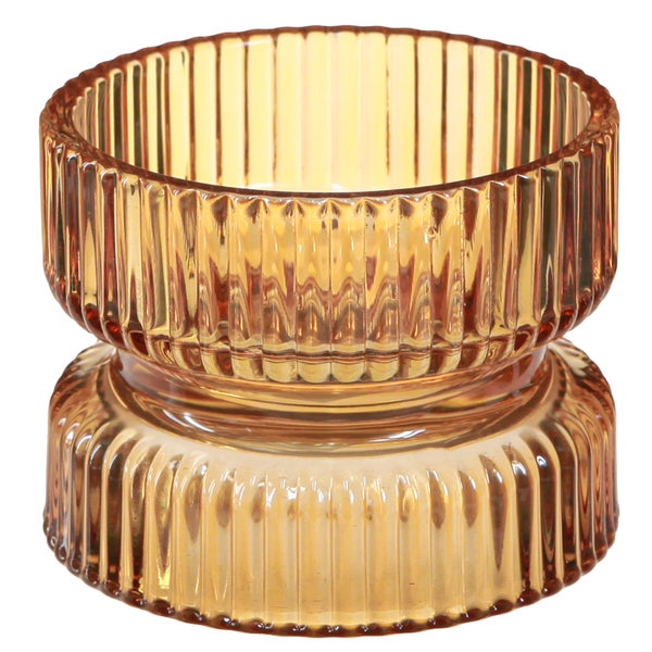 Teelichthalter aus bernsteinfarbenem, geriffeltem Glas
