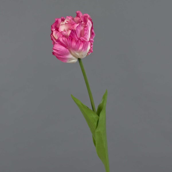Künstliche Tulpe mit gefüllter Blüte in Pink und Weiß, grüner Stiel und Blätter.