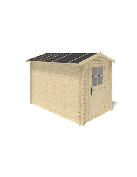 Gartenhaus aus Holz mit Einzeltür inklusive Fenster und Satteldach mit dunkler Eindeckung.