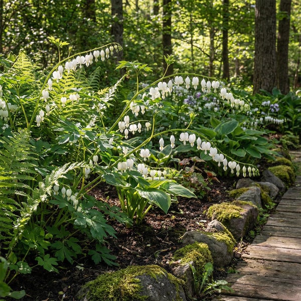 Weiße Blüte des Tränenden Herzens Lamprocapnos spectabilis Alba mit grünen Blättern.