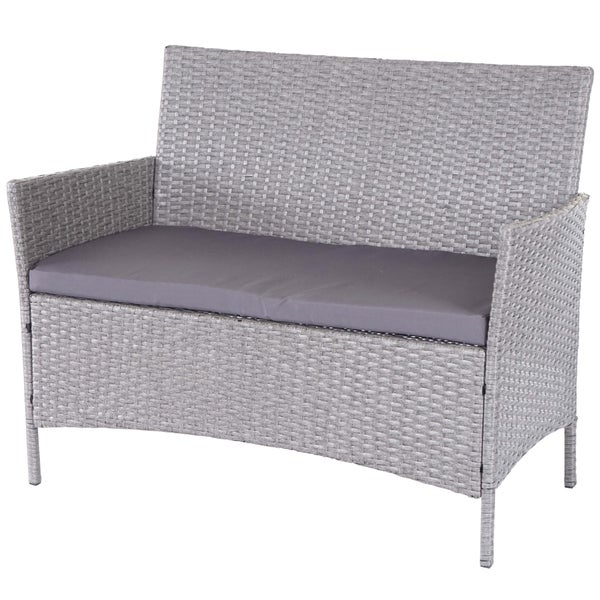 Graue 2-Sitzer Gartenbank aus Polyrattan mit Sitzkissen.