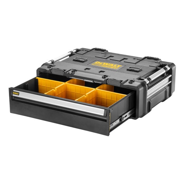 DeWalt ToughSystem 2.0 Werkzeugbox mit einer geöffneten Schublade und herausnehmbaren gelben Trennfächern für Werkzeug und Zubehör.