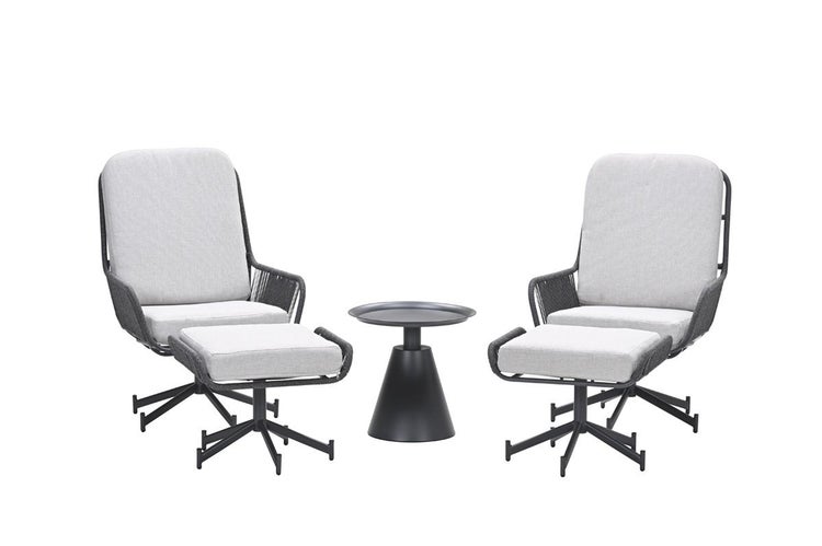 Modernes Garten-Lounge-Set bestehend aus zwei Sesseln mit Seilbespannung, zwei Fußhockern und einem runden Beistelltisch.