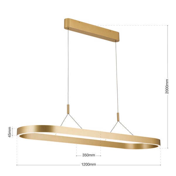 Moderne ovale LED Pendelleuchte mit Metallgehäuse inklusive Bemaßungsangaben.