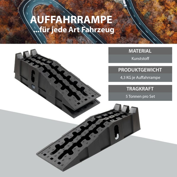 Zwei schwarze Auffahrrampen aus Kunststoff für Fahrzeuge mit einer Tragkraft von 5 Tonnen pro Set und einem Gewicht von 4,3 Kilogramm pro Stück.