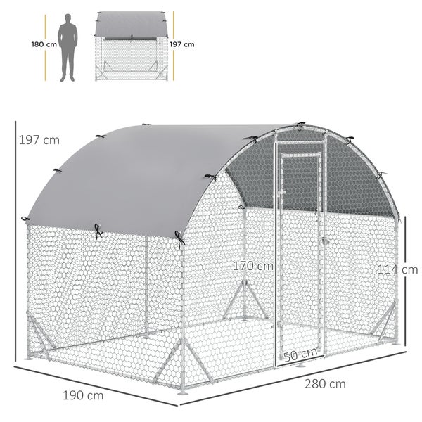 PawHut Hühnerstall Freilaufgehege aus Stahl, 280 x 190 x 197 cm Hühnerkäfig mit UV-beständiger Abdeckung, Tür, Hühnergehege für 4-6 Hühner, Kleintiere, Silber