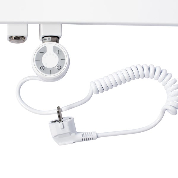Elektrischer Heizstab für Heizkörper mit runder Steuereinheit, Spiralkabel und Netzstecker.
