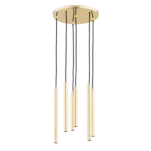 Moderne Pendelleuchte mit fünf zylindrischen Leuchten in Metalloptik an einer runden Deckenhalterung.