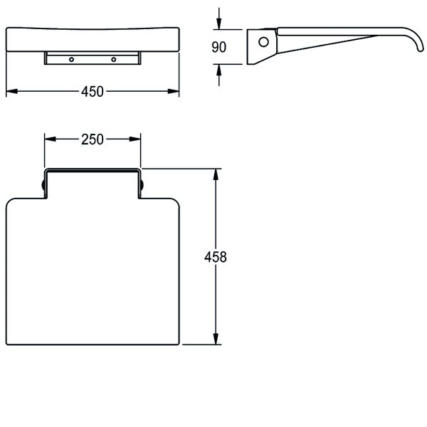 Maßzeichnung für einen Duschklappsitz mit den Abmessungen 450 Millimeter Breite, 458 Millimeter Tiefe und 90 Millimeter Höhe.