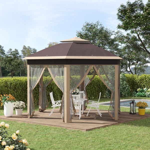 Outsunny Gartenpavillon, 6 Seitenteile, Doppeldach, sechseckig, 4 x 4 m, Metall, Polyesterstoff, Mesh, Beige+Khaki