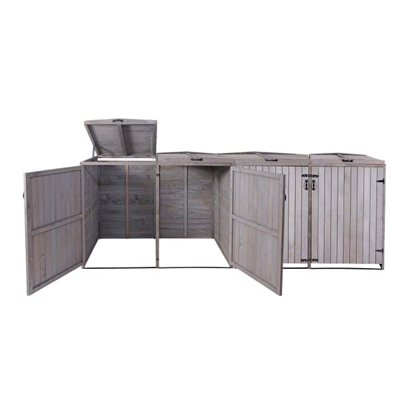 Mülltonnenbox aus Holz mit aufklappbaren Deckeln und Türen