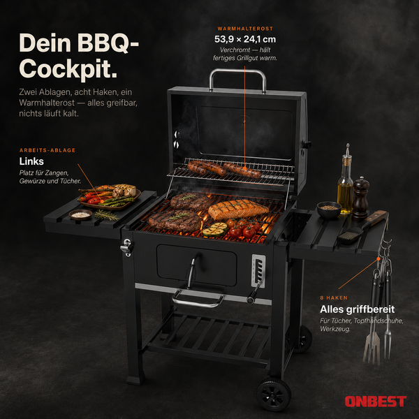 Onbest Holzkohlegrill mit offenem Deckel, Warmhalterost circa 54 mal 24 Zentimeter, zwei Seitenablagen und acht Haken für Grillwerkzeug.