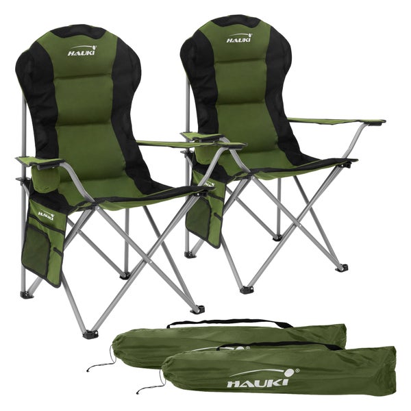 Hauki Campingstuhl 2er Set faltbar, Khaki, Angelstuhl mit Getränkehalter & Tragetasche, Gartenstuhl klappbar, bis 150 kg, Übergroßer Klappstuhl mit Hochlehner, Gepolster Faltstuhl, Anglerstuhl tragbar