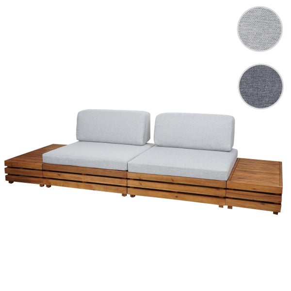 Gartenlounge aus Holzlatten mit grauen Polstern und integrierten Beistelltischen, inklusive Detailansichten der Stoffstruktur.