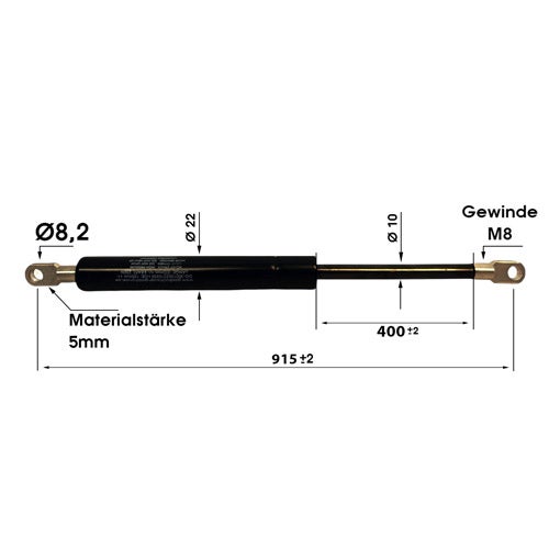 Gasdruckfeder: Länge 915 Millimeter, Hub 400 Millimeter, Bohrung 8,2 Millimeter, Zylinder 22 Millimeter, Kolbenstange 10 Millimeter, Gewinde M8.