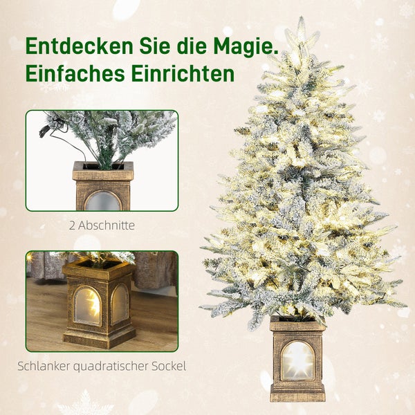 Künstlicher, schneebedeckter Weihnachtsbaum mit LED-Beleuchtung und beleuchtetem, quadratischem Sockel, bestehend aus zwei Abschnitten.