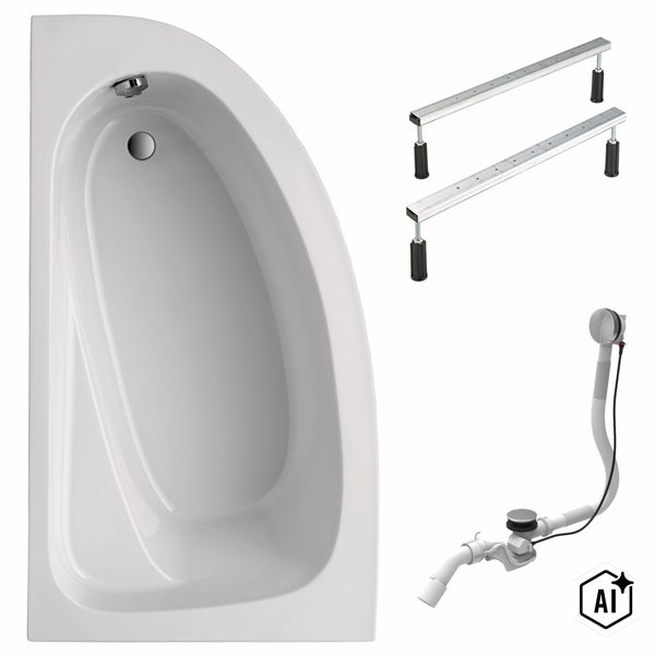Eckbadewanne mit Wannenfußgestell und Ablaufgarnitur