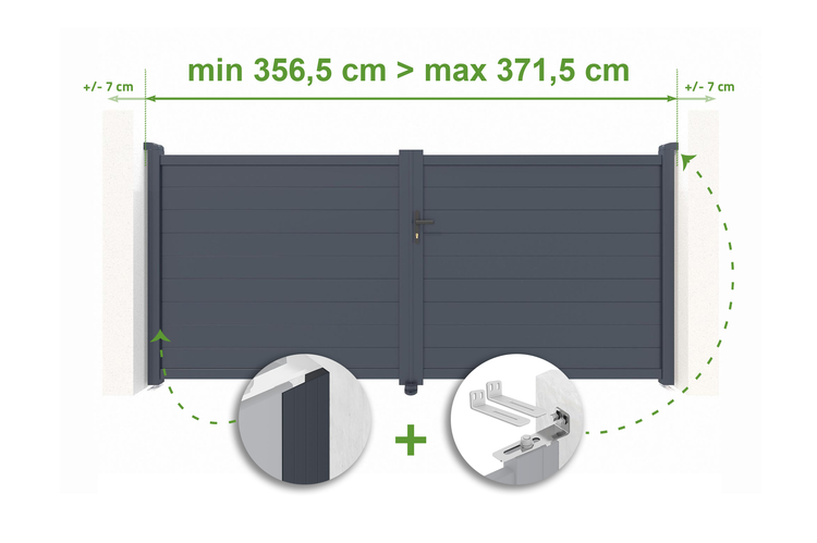 Illustration eines Gartentors mit Breitenangaben und Montagehinweisen