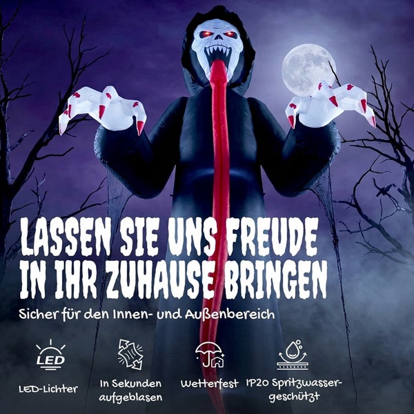 Aufblasbare Halloween Sensenmann Deko Figur mit LED Beleuchtung fuer den Innen und Aussenbereich.