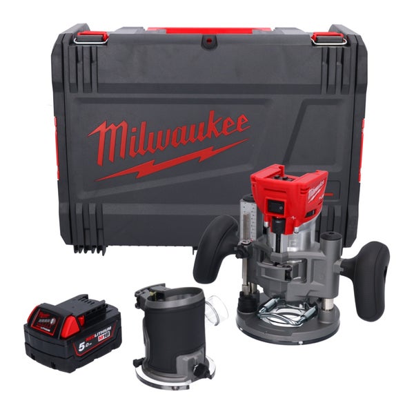 Milwaukee Akku-Oberfräse Set inklusive Redlithium M18 Akku mit 5,0 Amperestunden, Zubehör und Transportkoffer.