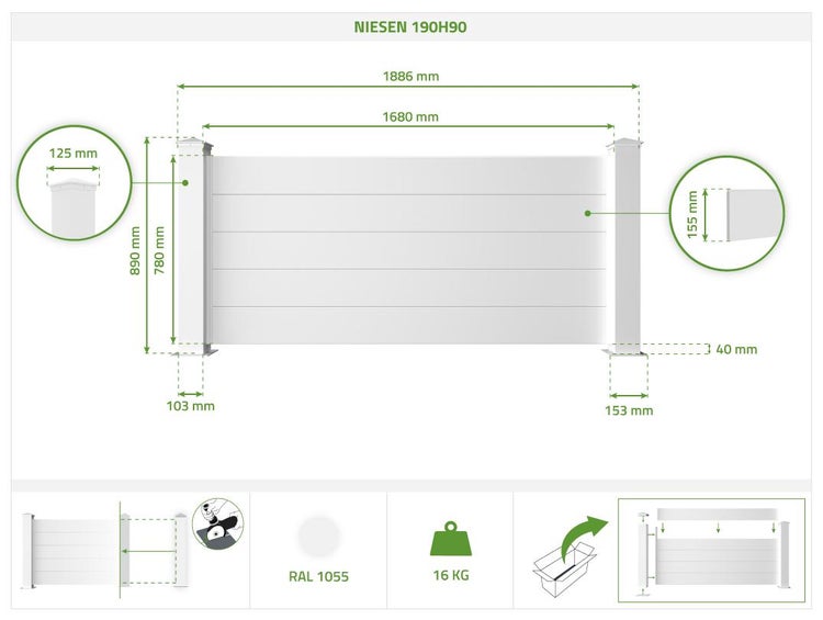 Set mit 2 Aluminiumzäunen NIESEN 190H90 weiß