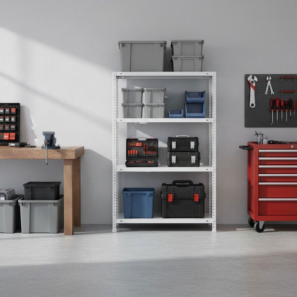 Organisierte Werkstatt mit weißem Metallregal mit Werkzeugkoffern, einer Holzwerkbank mit Schraubstock und einem roten Werkstattwagen.