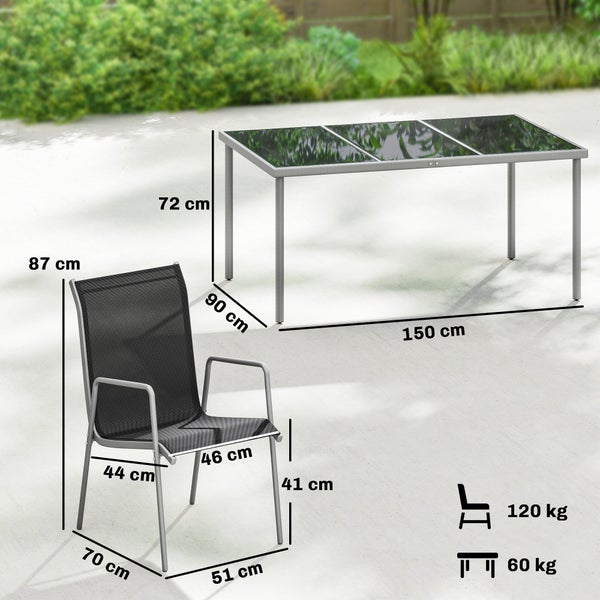 Gartenmöbelset mit Glastisch und Netzstuhl. Maße Tisch: 150 mal 90 mal 72 Zentimeter. Maße Stuhl: 51 mal 70 mal 87 Zentimeter. Belastbarkeit angegeben.