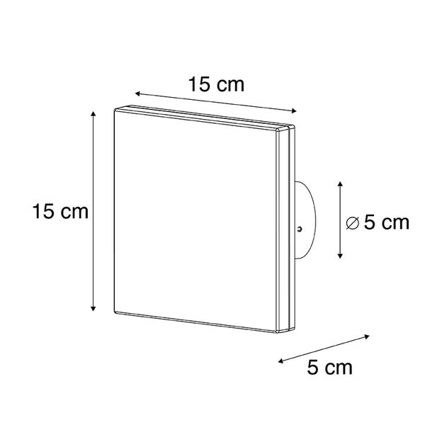 Maßzeichnung einer quadratischen Leuchte: 15 mal 15 Zentimeter, Tiefe 5 Zentimeter, Durchmesser der Halterung 5 Zentimeter.