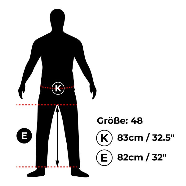 Größenangaben für Bekleidung: Bundweite 83 Zentimeter, Innenbeinlänge 82 Zentimeter