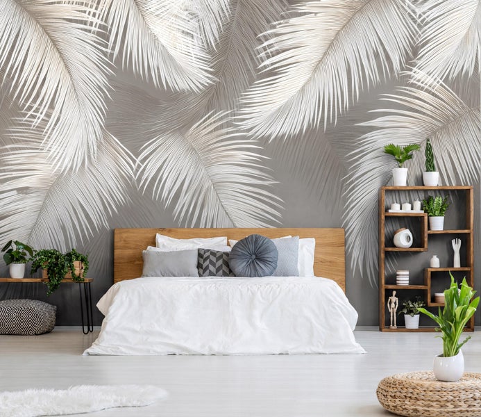 Fototapete Blätter Federn Betonwand Grau Wohnzimmer Vlies Tapete 250x175 cm