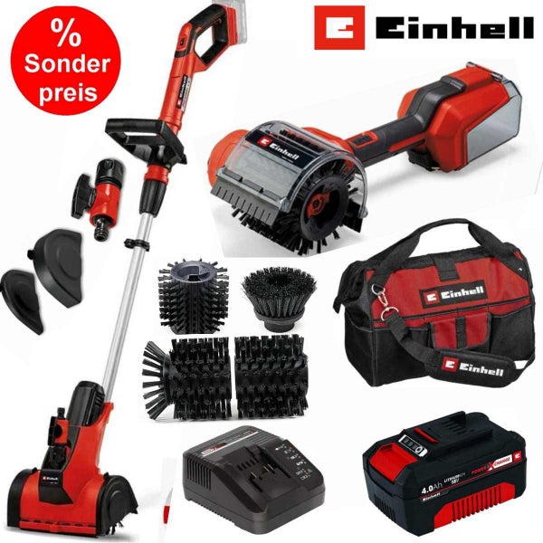 Einhell Logo. Akku-Oberflächenbürsten-Set Picobella mit Fugenreiniger, verschiedenen Bürsten, Akku, Ladegerät und Werkzeugtasche. Symbol Sonderpreis.