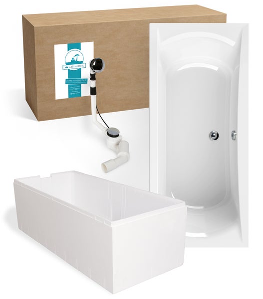 Badewannenset mit rechteckiger Wanne, Wannenträger, Ablauf- und Überlaufgarnitur in Chrom und einem Karton mit Calmwaters Logo.