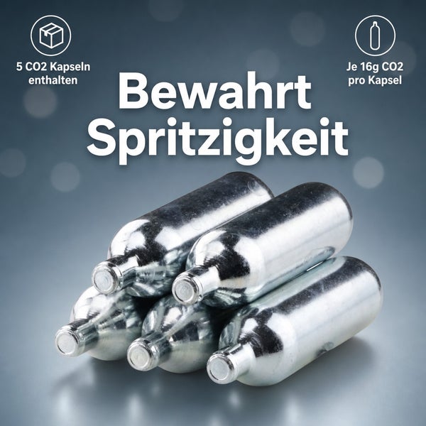 Set aus fünf Kohlendioxid Kapseln mit jeweils sechzehn Gramm Kohlendioxid Inhalt für Sprudelwasser oder Sodabereiter.