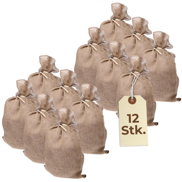 Zwölf Jutesäcke im Set mit Kordelzug