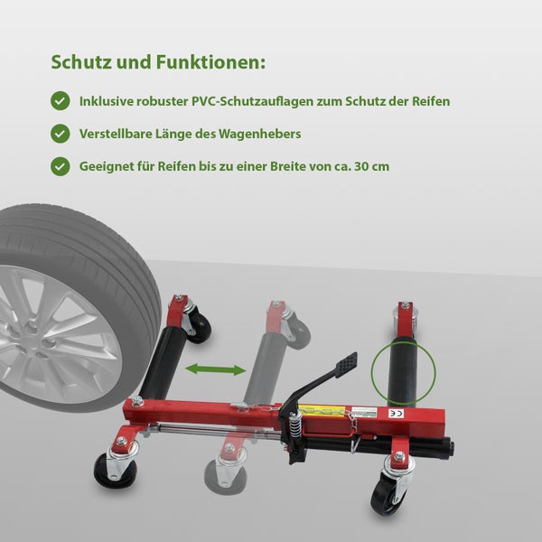 Wagenheber mit Reifen und Produktinformationen