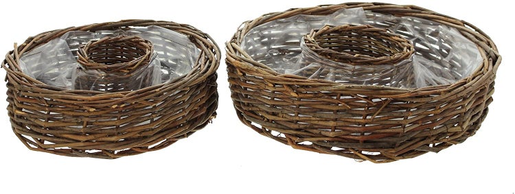 Dekoleidenschaft 2x Pflanzrad aus Weide, braun, Pflanzschale, Blumenschale, Pflanzgefäß, Blumentopf, Gartendeko für Draußen