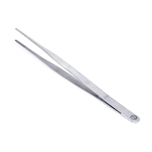Lange Grillpinzette aus Edelstahl mit geriffelten Spitzen und Broil King Logo.