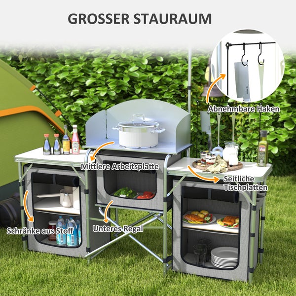 Outsunny Campingküche klappbar, Outdoor Küche mit Windschutz, 3 Schränkfach, 3 Arbeitsplatten, Verstellbar Lichtständer, für Camping, Garten, Aluminium, Oxford, Grau