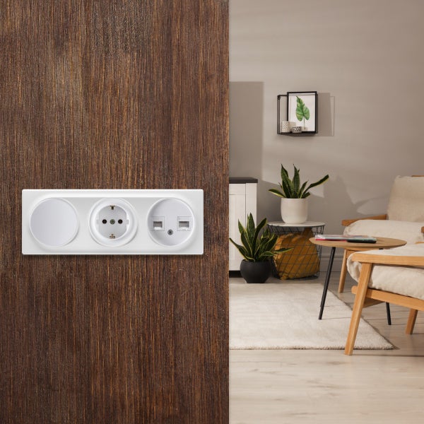 Dreifach Steckdosen- und Schalterkombination mit Schutzkontakt-Steckdose, Lichtschalter und Doppel-Datenanschluss auf Holzoberfläche im Wohnraum