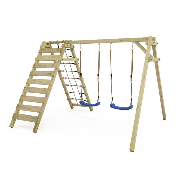 WICKEY Kinderschaukel Schaukelgestell Smart Cliff Schaukel, Schaukelgerüst, Doppelschaukel, Holzschaukel mit Kletteranbau - blau