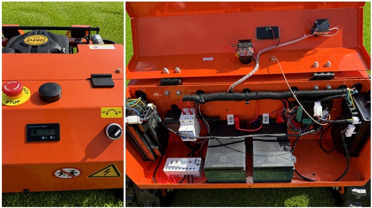 Fernsteuerbarer Rasenmäher mit Bedienpanel, Not-Aus-Schalter, digitaler Spannungsanzeige sowie Innenansicht der Elektronik und Batterien.