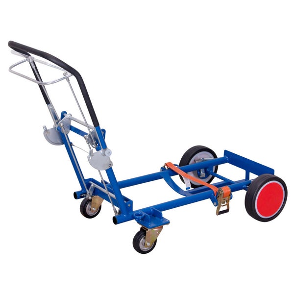 Blauer Fasswagen mit Zurrgurt