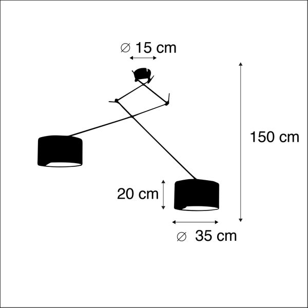 Maßzeichnung Pendelleuchte: Höhe 150 Zentimeter, Schirmdurchmesser 35 Zentimeter, Schirmhöhe 20 Zentimeter, Baldachindurchmesser 15 Zentimeter.