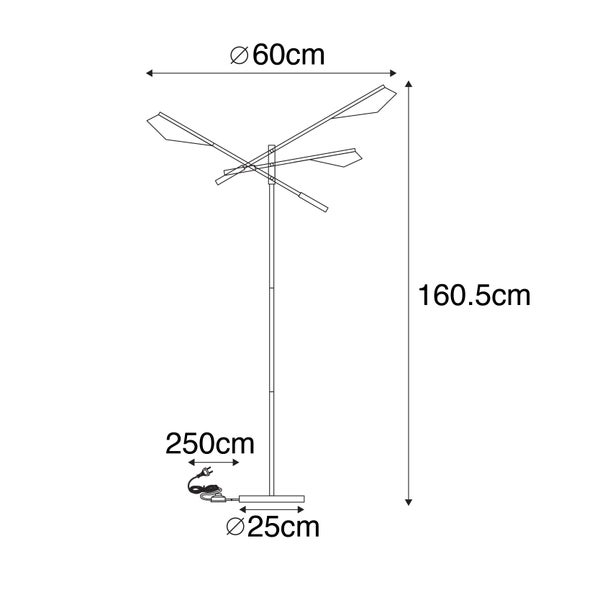 Technische Zeichnung einer Stehlampe mit den Maßen 60 cm Durchmesser oben, 160,5 cm Höhe, 25 cm Durchmesser Sockel und 250 cm Kabellänge