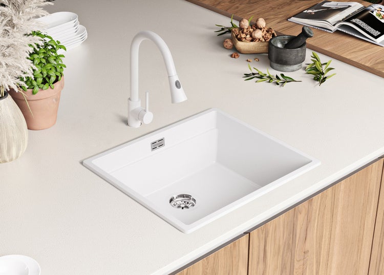 PRIMAGRAN Spülbecken Weiß 56x47cm, Granitspüle 1 Becken + Ablauf-Set + Aufrollbare Abtropffläche, Küchenspüle ab 60er Unterschrank - Praga Slim