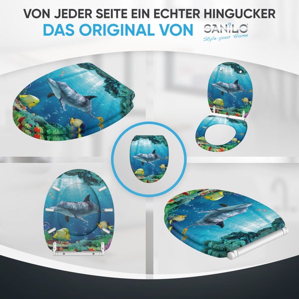 WC-Sitz von Sanilo mit Delfin-Motiv und Unterwasserwelt in verschiedenen Ansichten.
