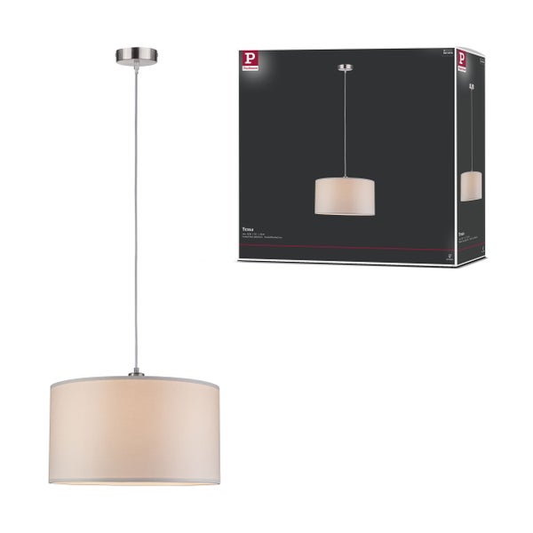 Hängelampe mit Stoffschirm und Verpackung