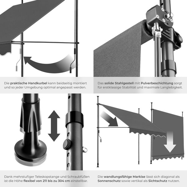 Klemmmarkise mit beidseitig montierbarer Handkurbel, pulverbeschichtetem Stahlgestell und Teleskopstange verstellbar von 211 bis 304 cm.