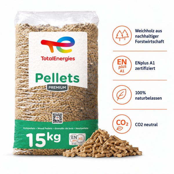 TotalEnergies Premium Holzpellets in einem 15 Kilogramm Sack, zertifiziert nach ENplus A1 Standard, aus nachhaltiger Forstwirtschaft.